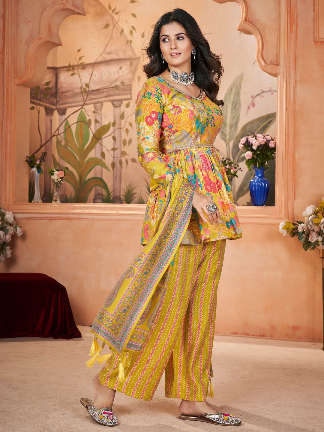 Tantalizing Yellow Printed Silk Traditional Palazzo Suit With Dupatta