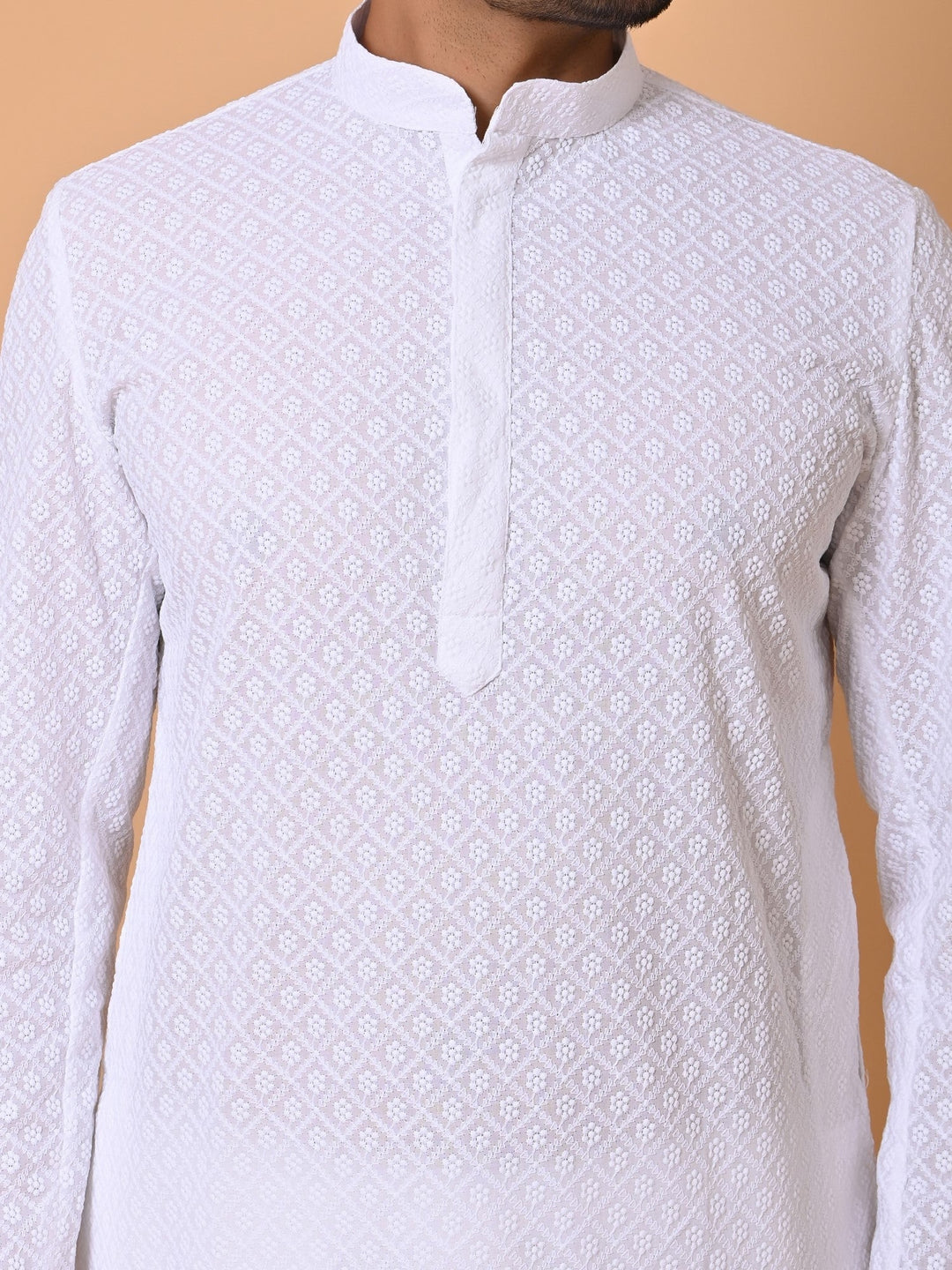 Chikan White Kurta Set | Cotton Blend Full Sleeves Stand Collar Kurtas