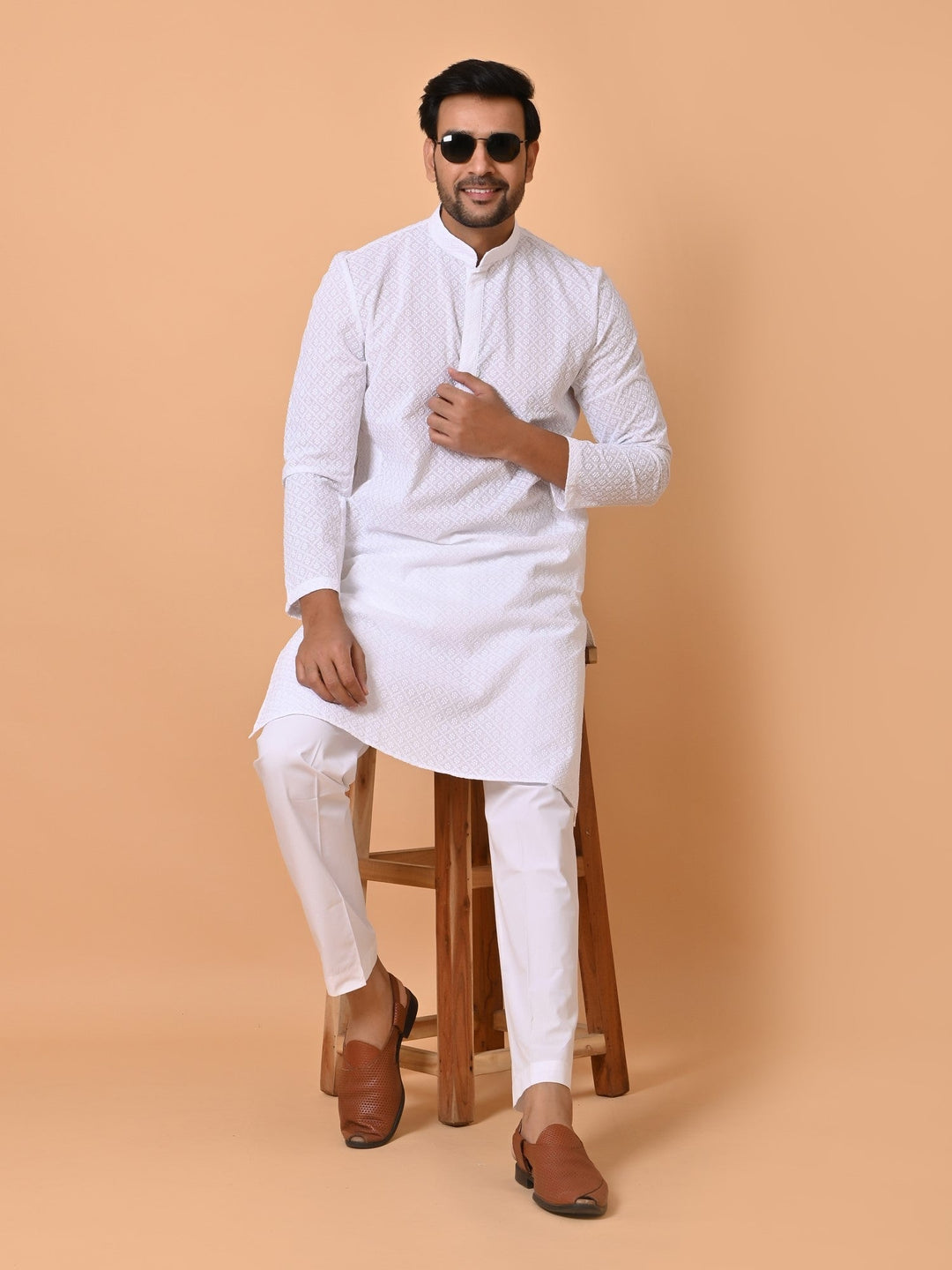 Chikan White Kurta Set | Cotton Blend Full Sleeves Stand Collar Kurtas