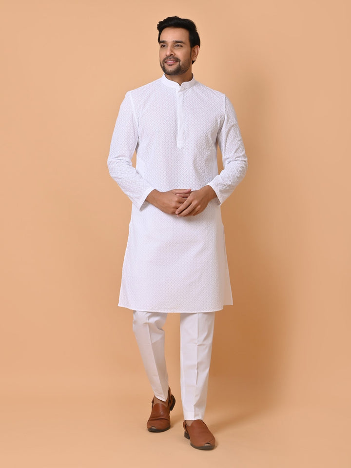 Chikan White Kurta Set | Cotton Blend Full Sleeves Stand Collar Kurtas