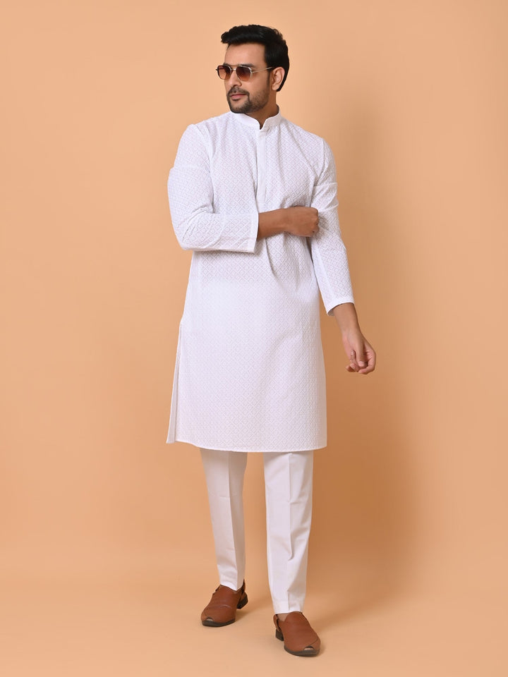 Chikan White Kurta Set | Cotton Blend Full Sleeves Stand Collar Kurtas