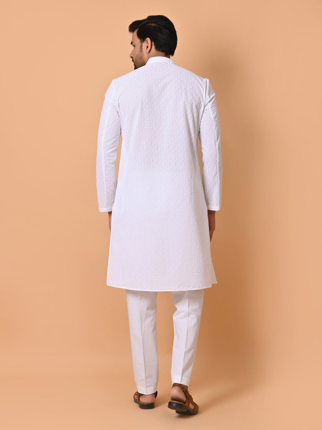 Chikan White Kurta Set | Cotton Blend Full Sleeves Stand Collar Kurtas