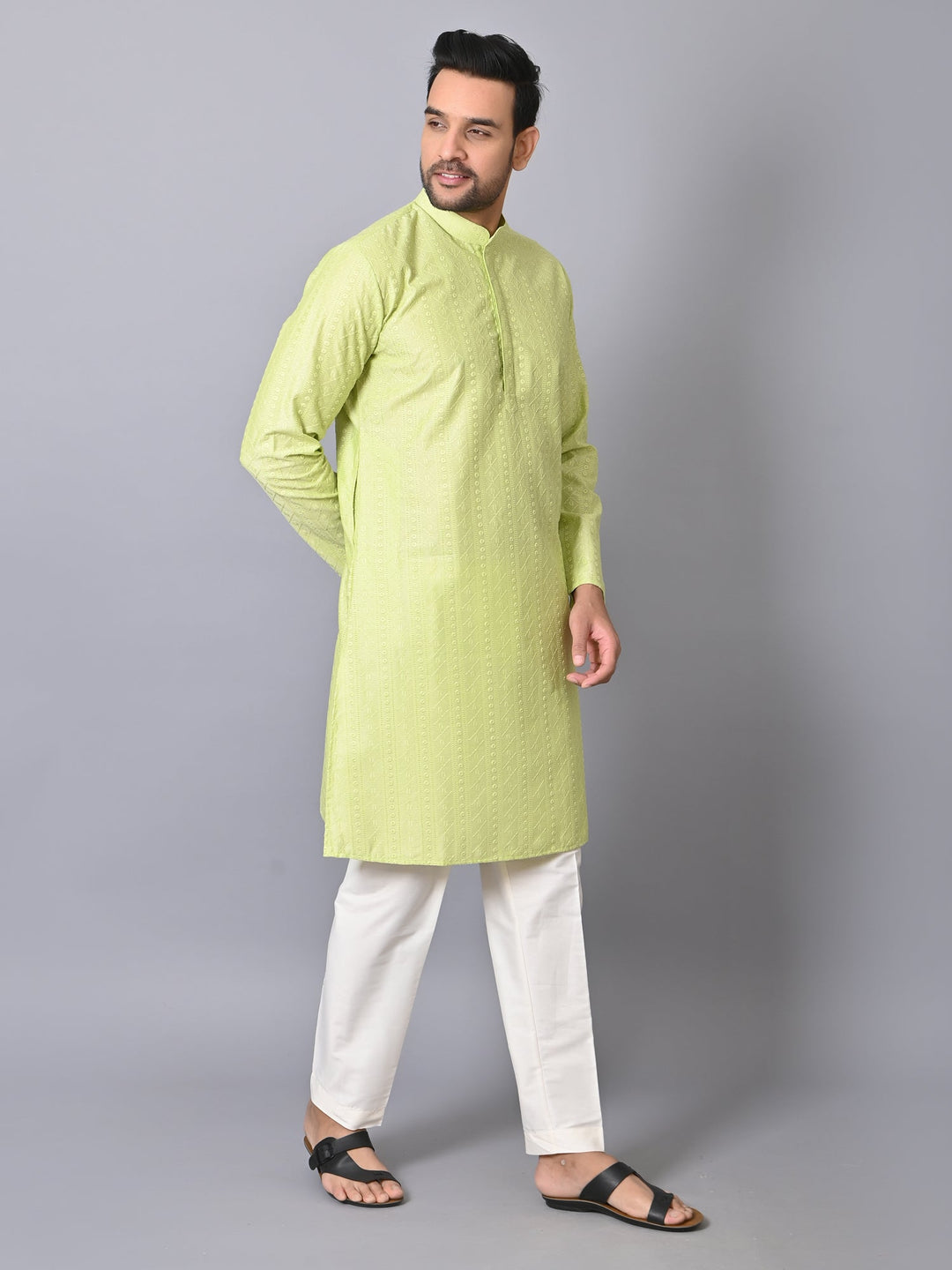 Chikan Green Kurta Set | Cotton Blend Full Sleeve Festive Wear