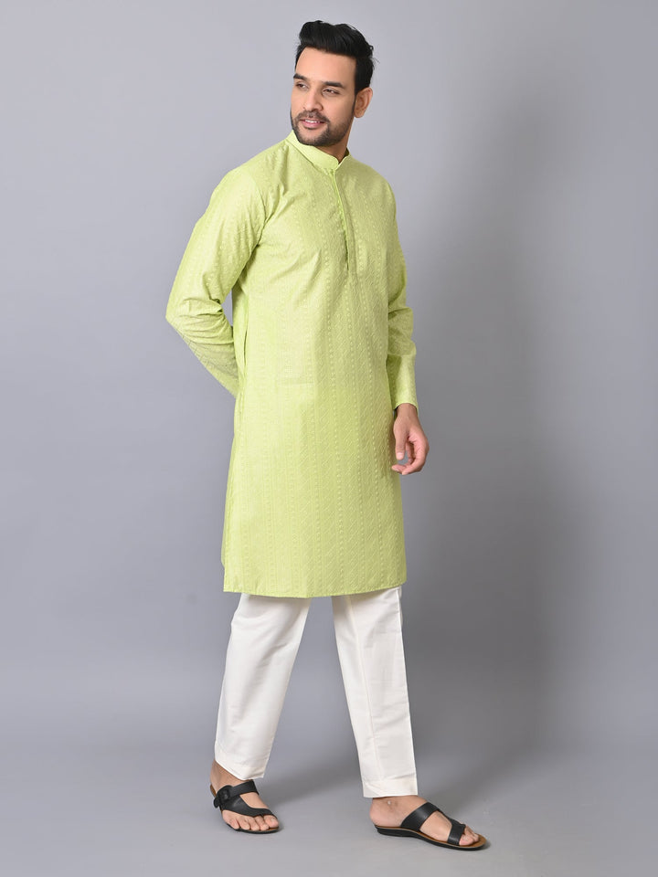 Chikan Green Kurta Set | Cotton Blend Full Sleeve Festive Wear