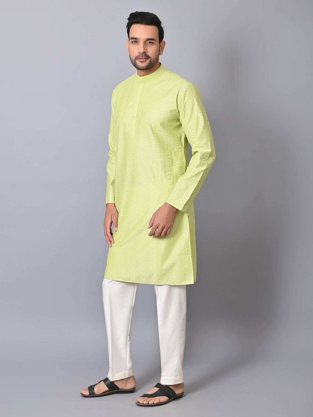 Chikan Green Kurta Set | Cotton Blend Full Sleeve Festive Wear