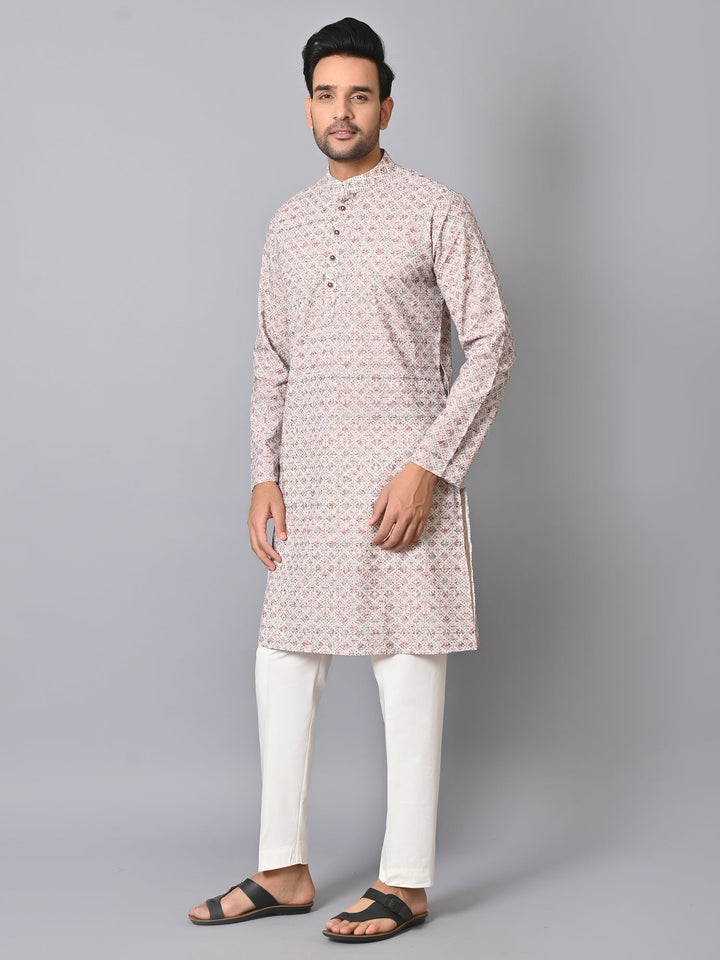 Embroidered Off White Kurta Set | Chikan Cotton Blend Festive Wear