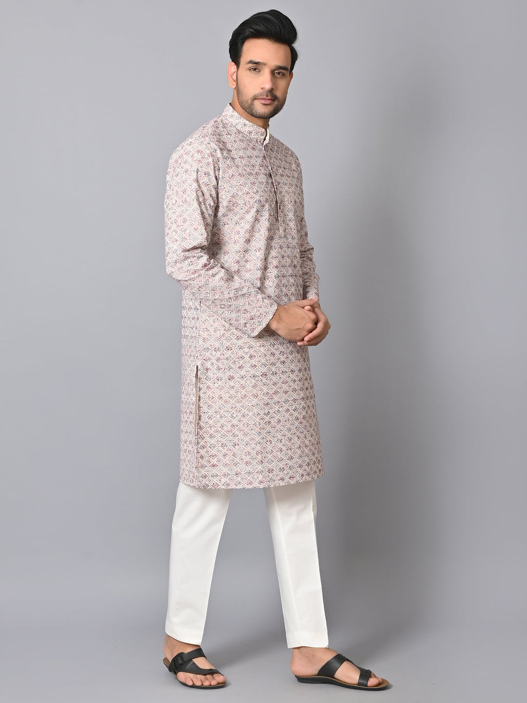 Embroidered Off White Kurta Set | Chikan Cotton Blend Festive Wear