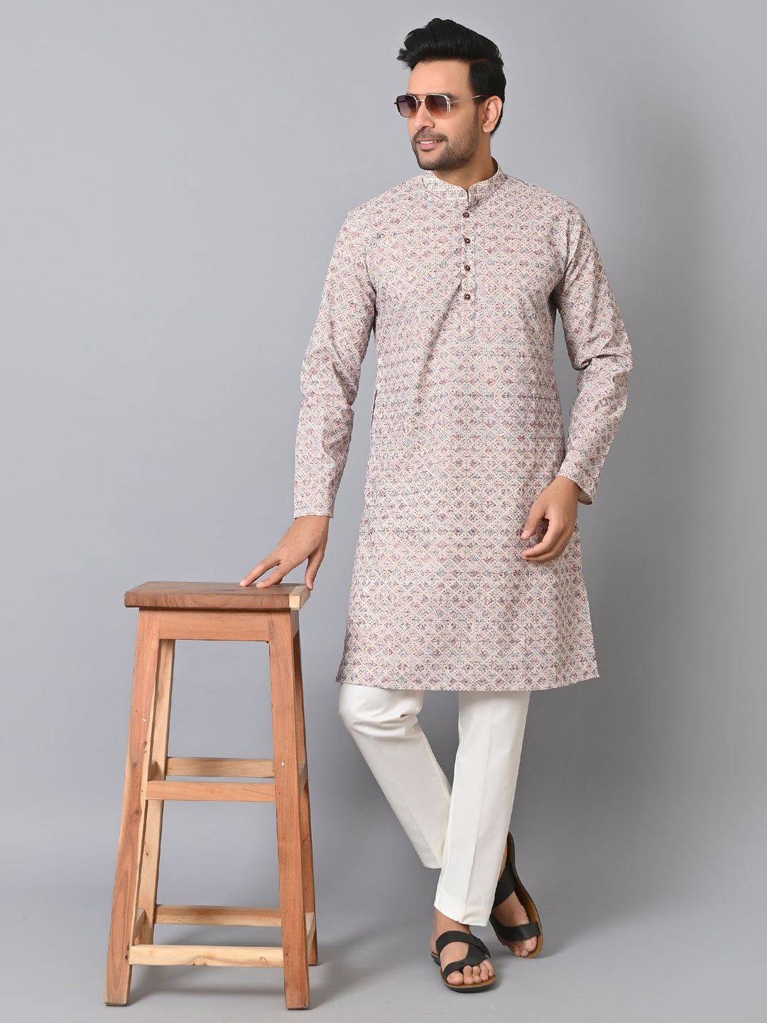 Embroidered Off White Kurta Set | Chikan Cotton Blend Festive Wear