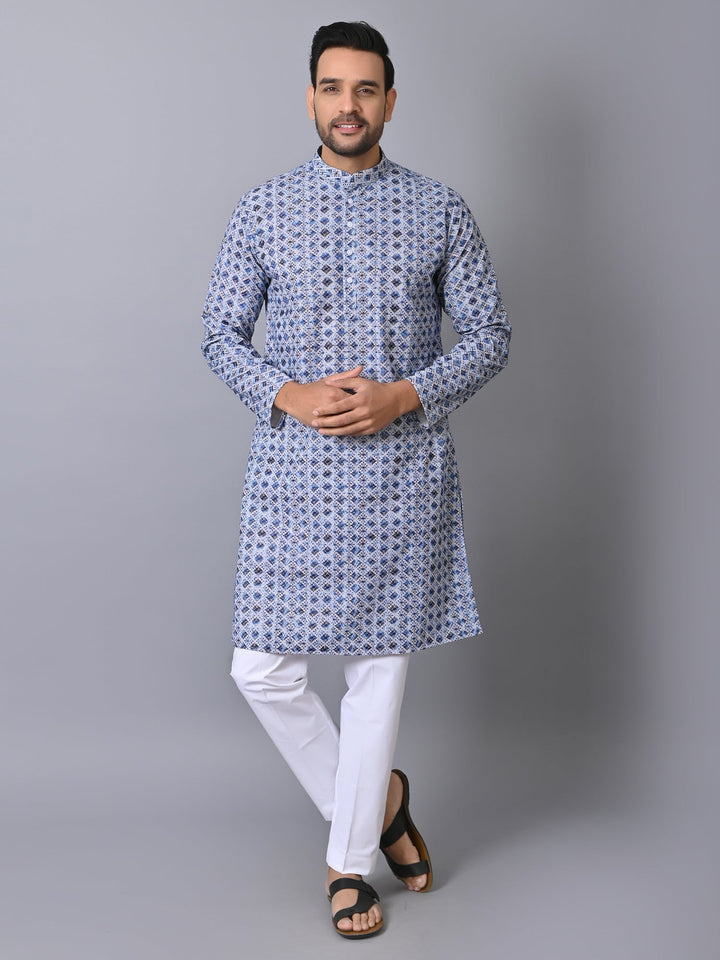 Chikan Embroidered Blue Kurta Set | Festive Cotton Blend Full Sleeves