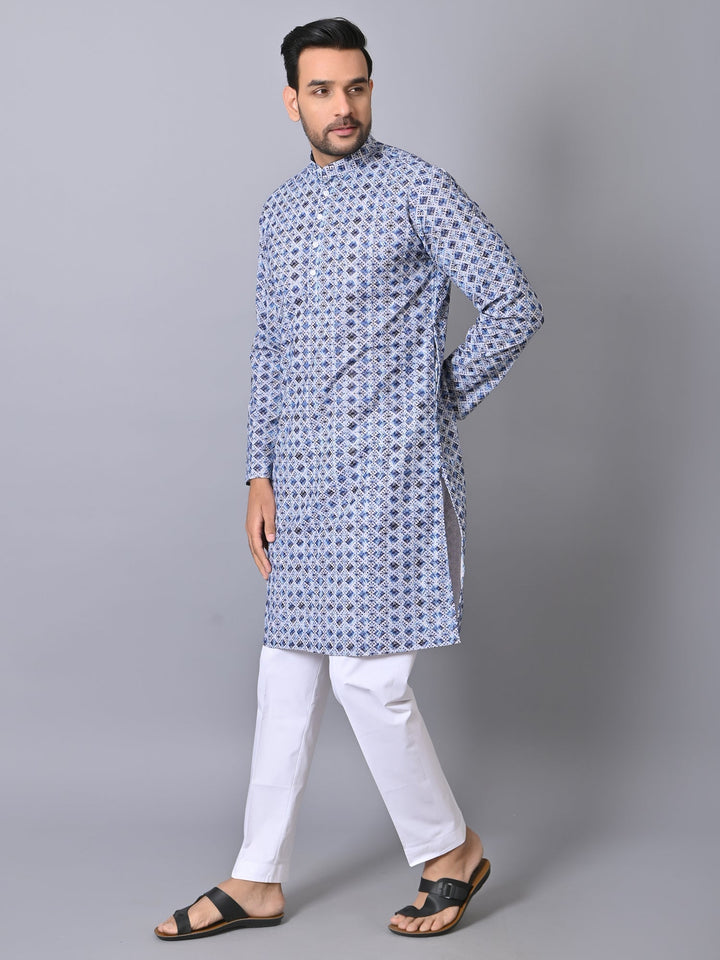 Chikan Embroidered Blue Kurta Set | Festive Cotton Blend Full Sleeves