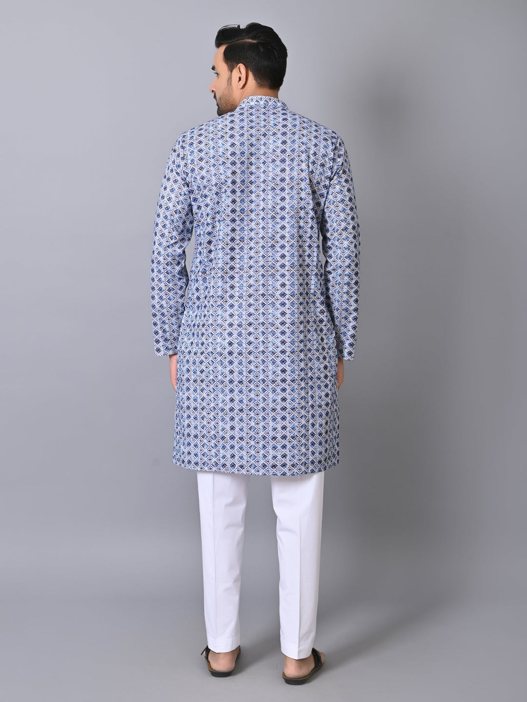 Chikan Embroidered Blue Kurta Set | Festive Cotton Blend Full Sleeves