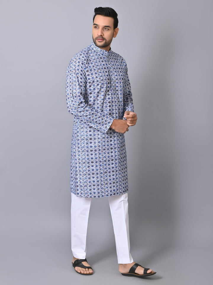 Chikan Embroidered Blue Kurta Set | Festive Cotton Blend Full Sleeves