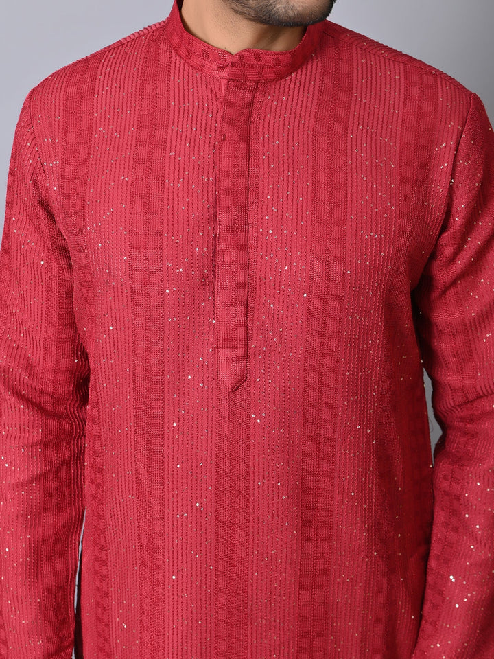 Striped Embroidered Silk Blend Kurta Set | Festive Full Sleeves Design