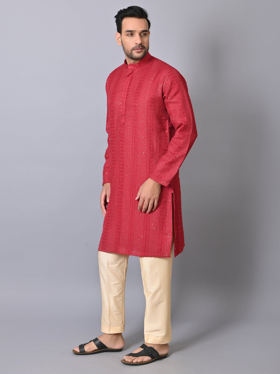 Striped Embroidered Silk Blend Kurta Set | Festive Full Sleeves Design