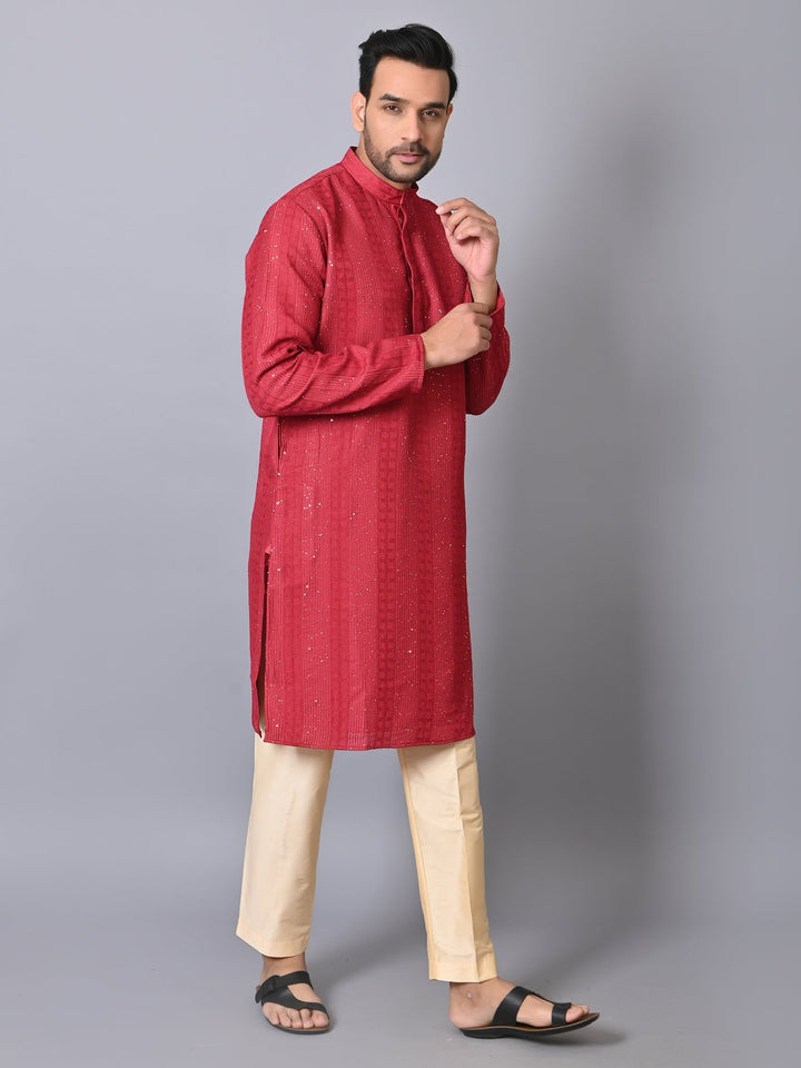 Striped Embroidered Silk Blend Kurta Set | Festive Full Sleeves Design