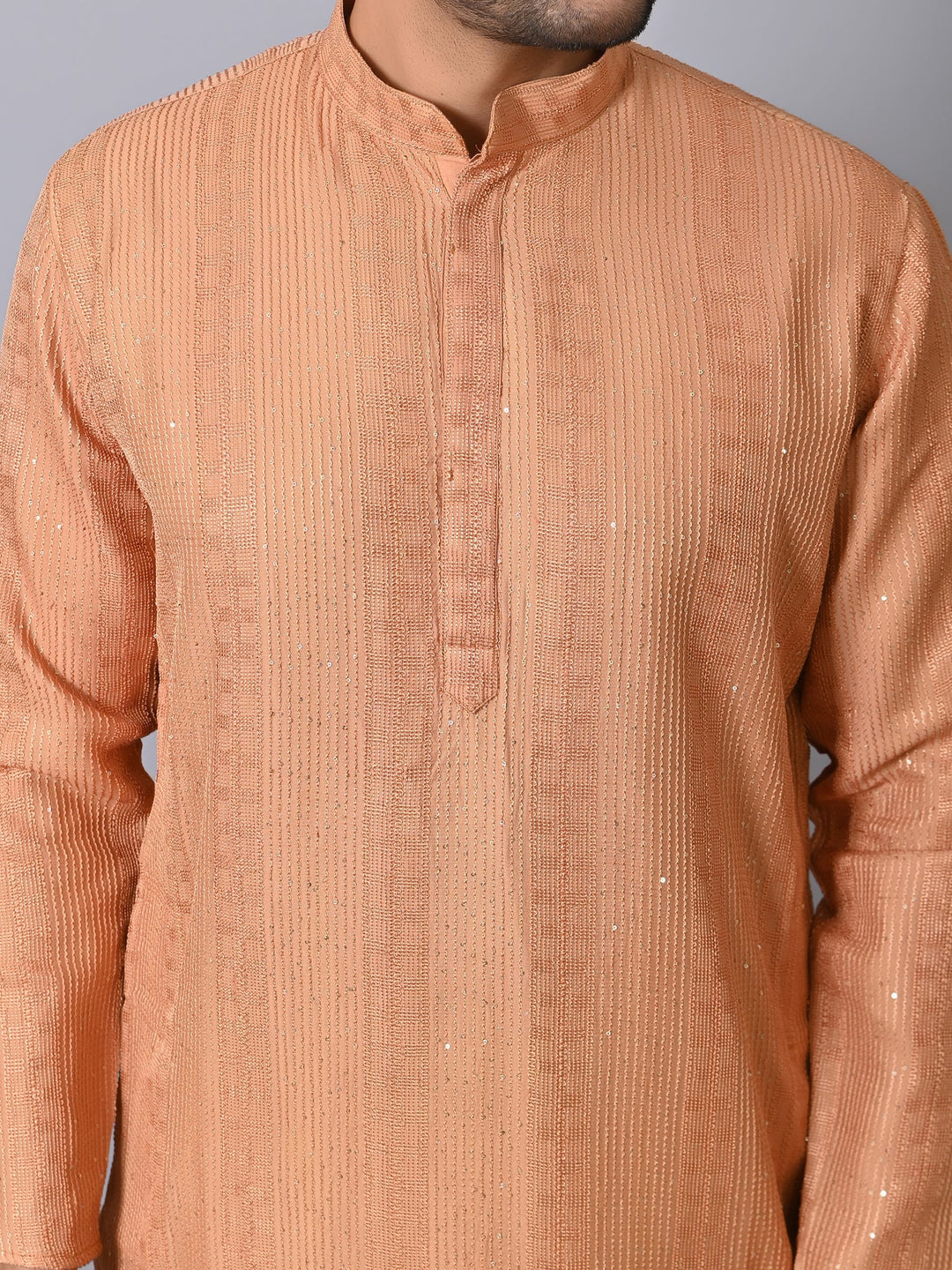 Striped Bronze Silk Blend Kurta Set | Embroidered Full Sleeve Design