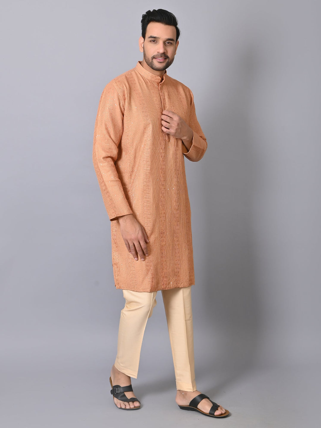 Striped Bronze Silk Blend Kurta Set | Embroidered Full Sleeve Design