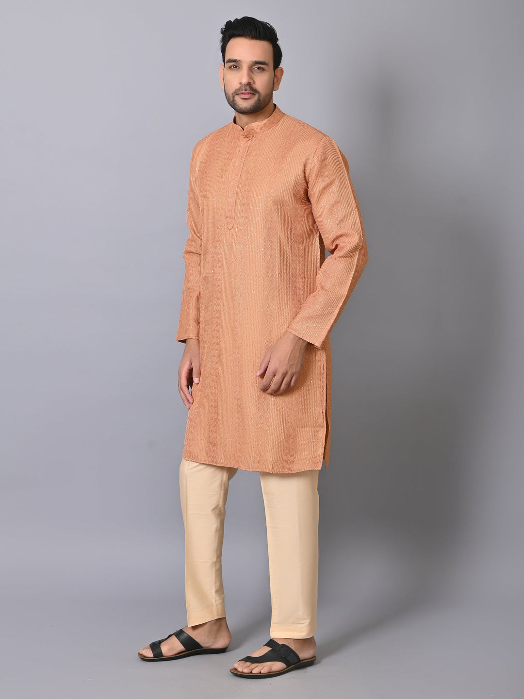 Striped Bronze Silk Blend Kurta Set | Embroidered Full Sleeve Design