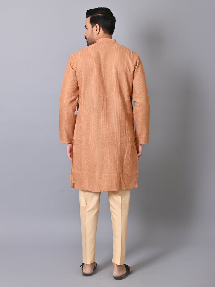 Striped Bronze Silk Blend Kurta Set | Embroidered Full Sleeve Design