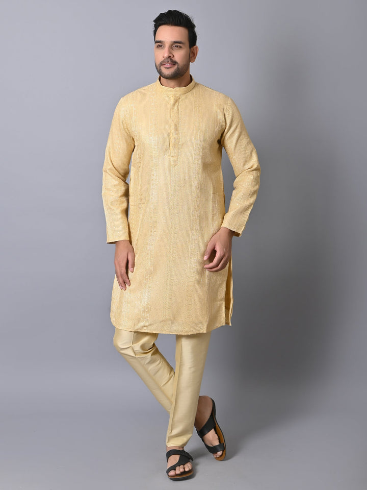 Striped Beige Silk Blend Kurta Set | Embroidered Festive Wear