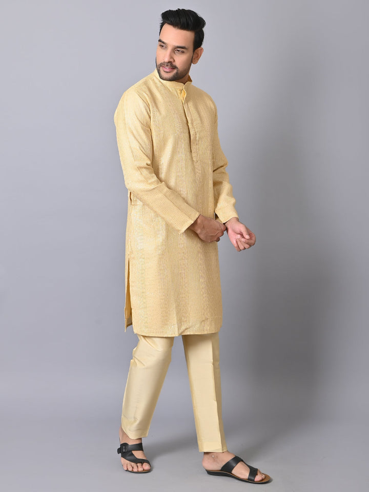 Striped Beige Silk Blend Kurta Set | Embroidered Festive Wear