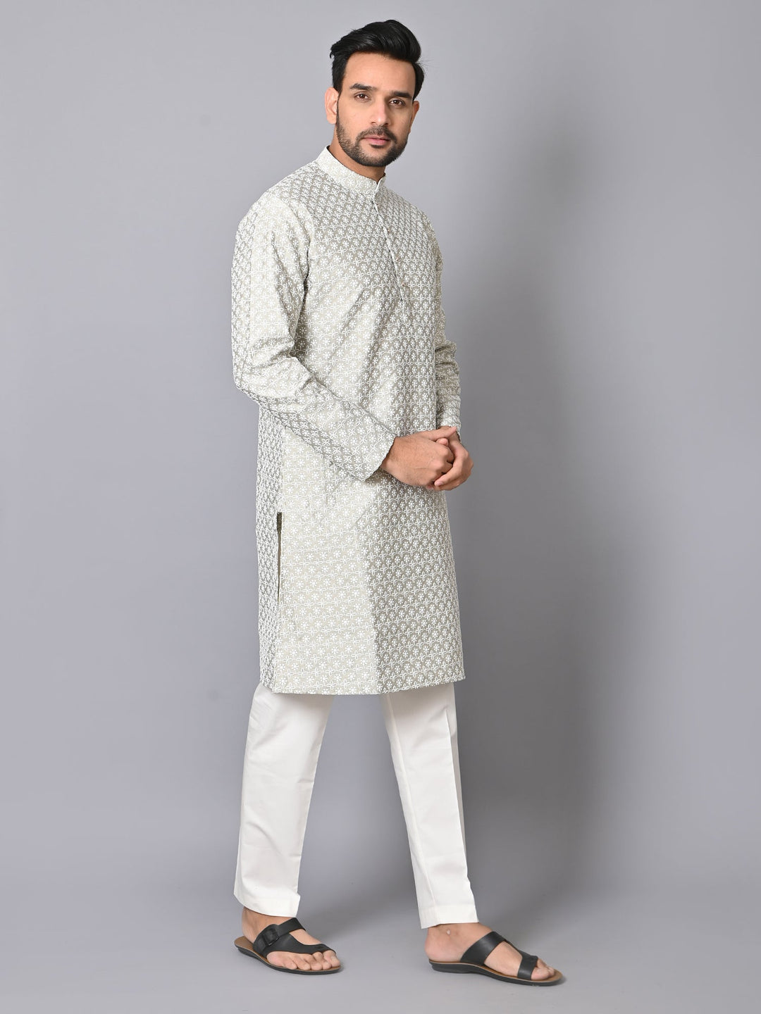 Chikan Grey Kurta Set | Silk Blend Full Sleeves Festive Wear