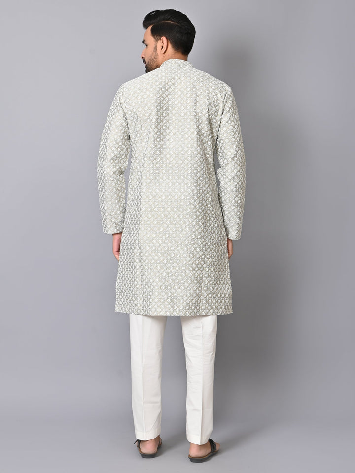 Chikan Grey Kurta Set | Silk Blend Full Sleeves Festive Wear