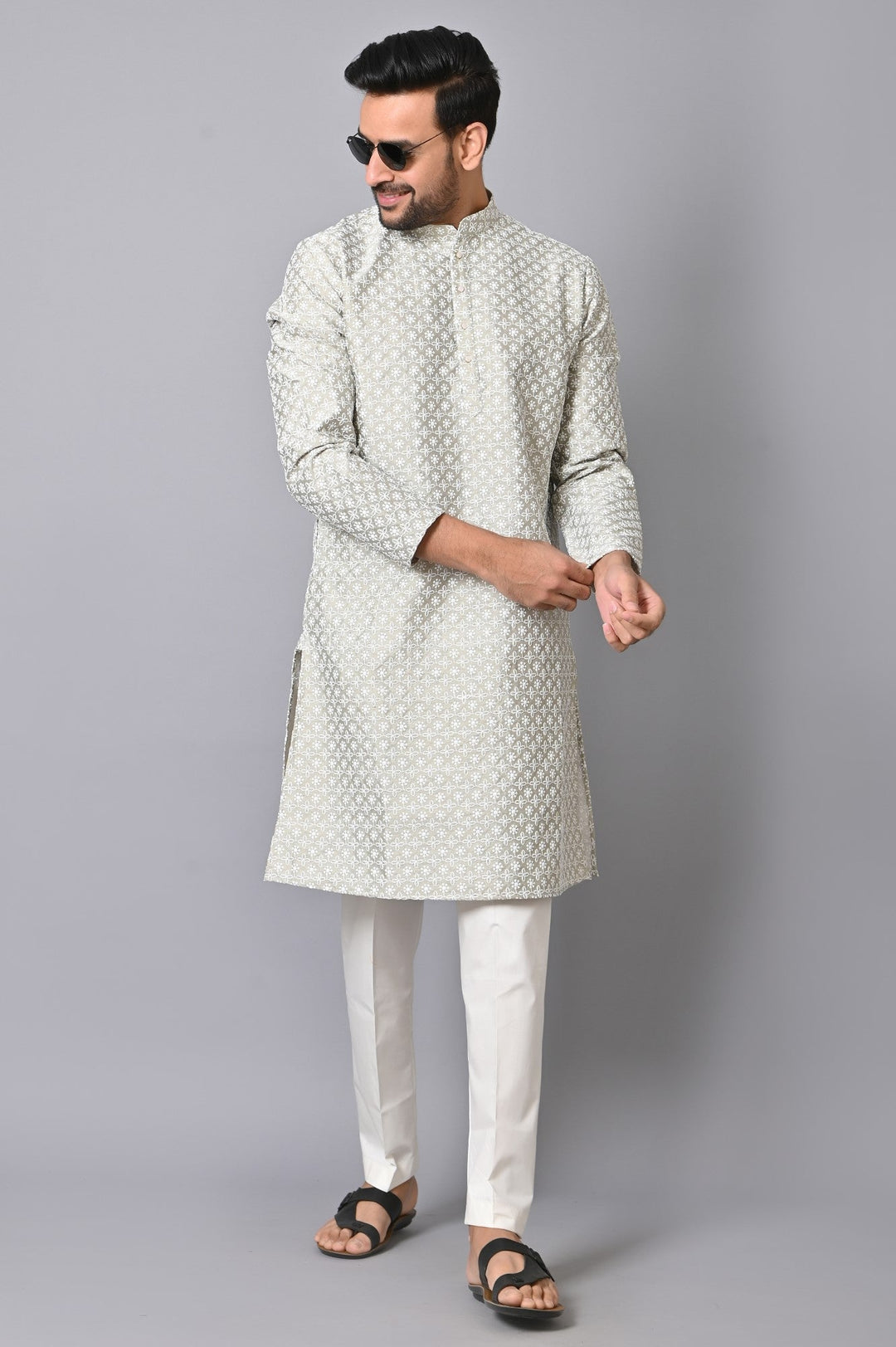 Chikan Grey Kurta Set | Silk Blend Full Sleeves Festive Wear