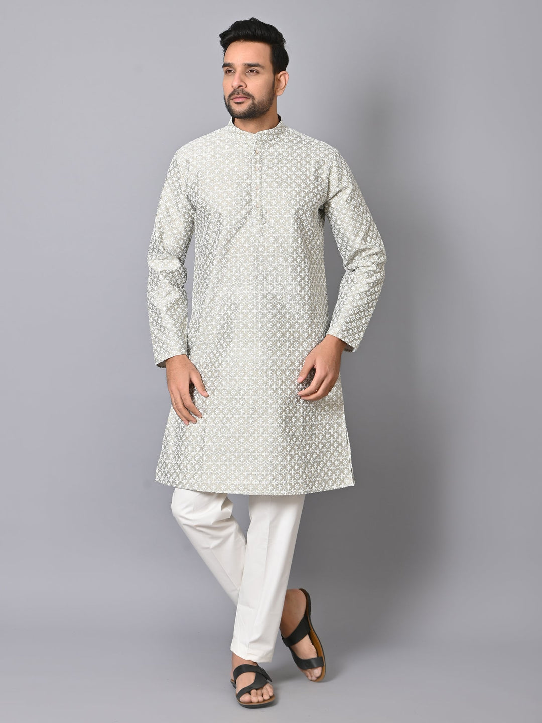 Chikan Grey Kurta Set | Silk Blend Full Sleeves Festive Wear