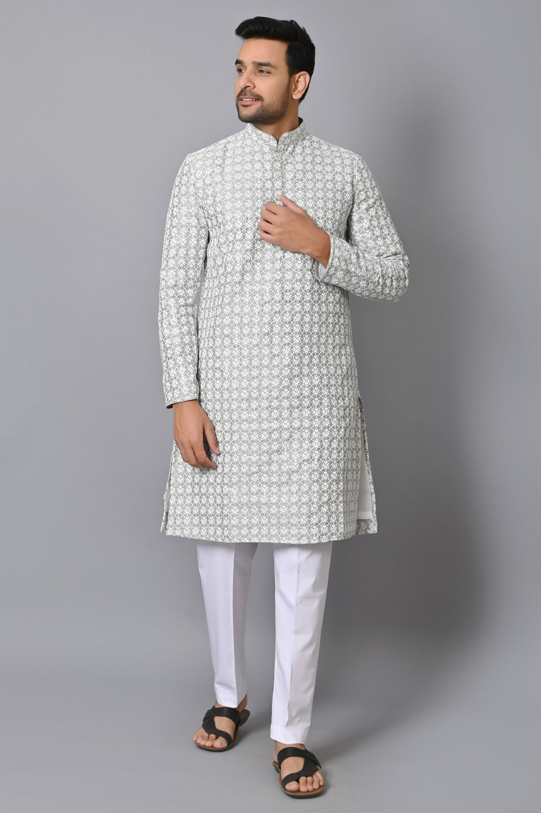 Chikan Cotton Blend Kurta Set | Fusion Style Full Sleeves Design