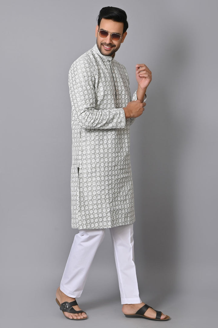 Chikan Cotton Blend Kurta Set | Fusion Style Full Sleeves Design