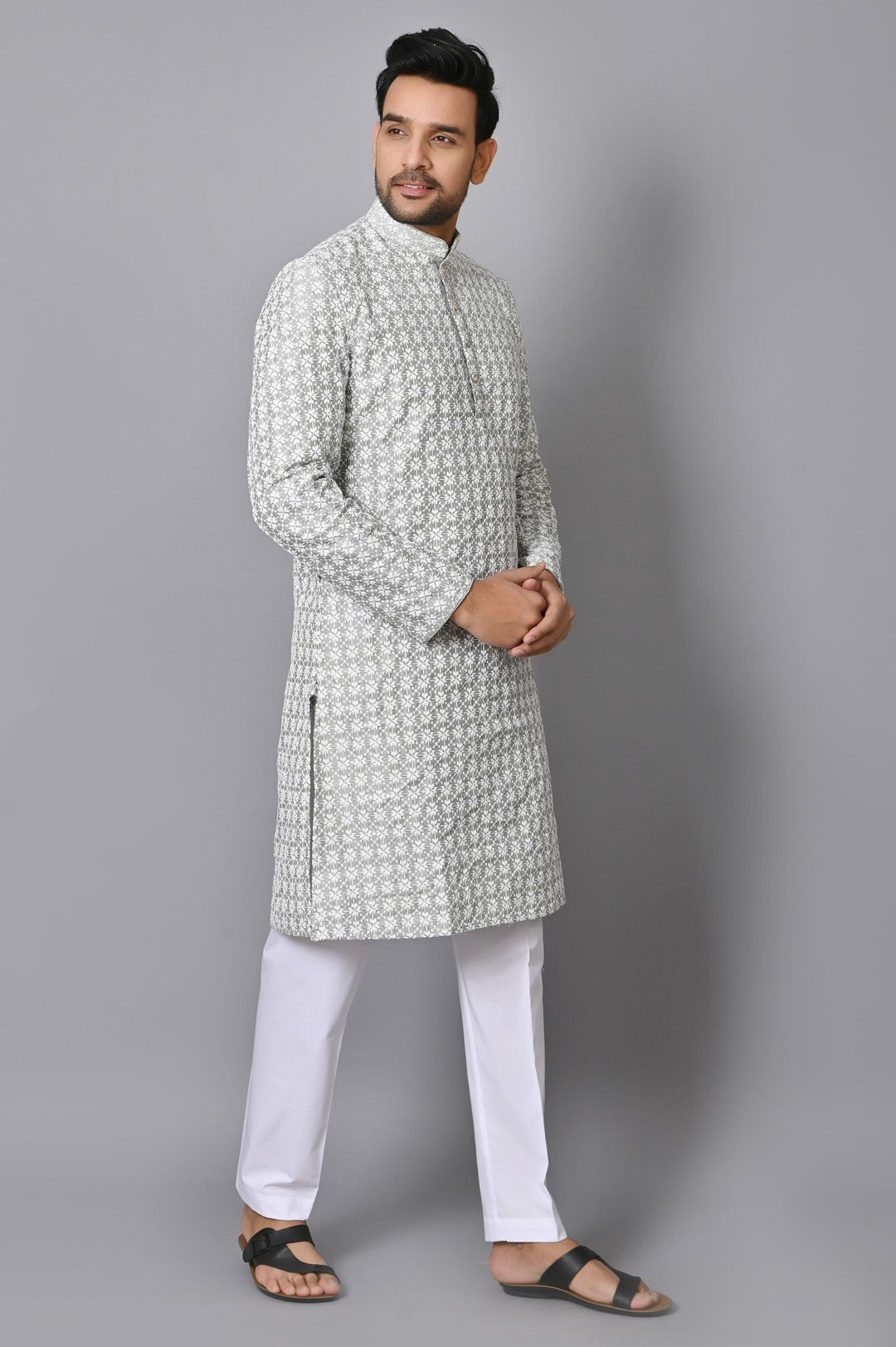 Chikan Cotton Blend Kurta Set | Fusion Style Full Sleeves Design