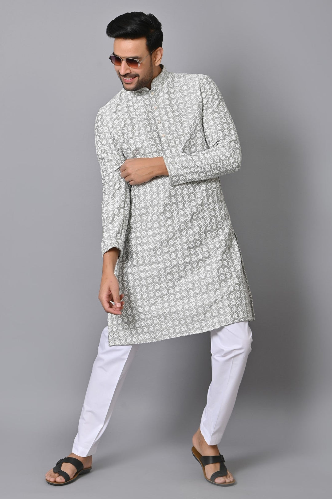 Chikan Cotton Blend Kurta Set | Fusion Style Full Sleeves Design