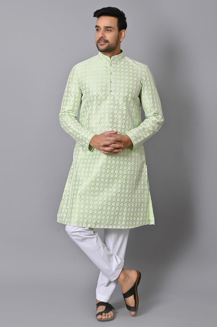 Chikan Green Kurta Set | Cotton Blend Full Sleeves Stand Collar Fusion Wear