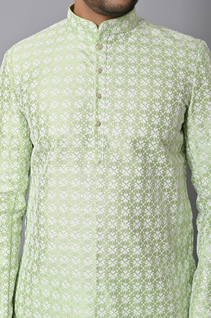 Chikan Green Kurta Set | Cotton Blend Full Sleeves Stand Collar Fusion Wear