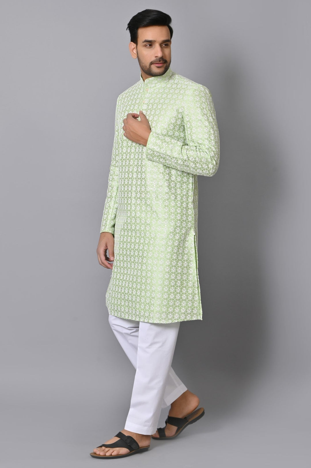 Chikan Green Kurta Set | Cotton Blend Full Sleeves Stand Collar Fusion Wear