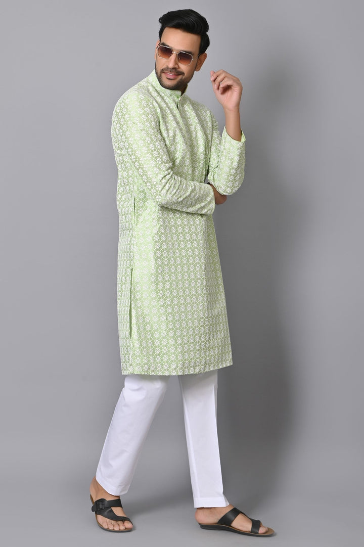 Chikan Green Kurta Set | Cotton Blend Full Sleeves Stand Collar Fusion Wear