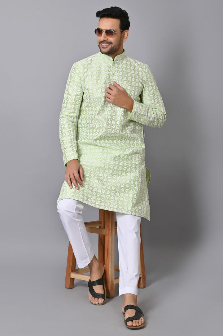 Chikan Green Kurta Set | Cotton Blend Full Sleeves Stand Collar Fusion Wear