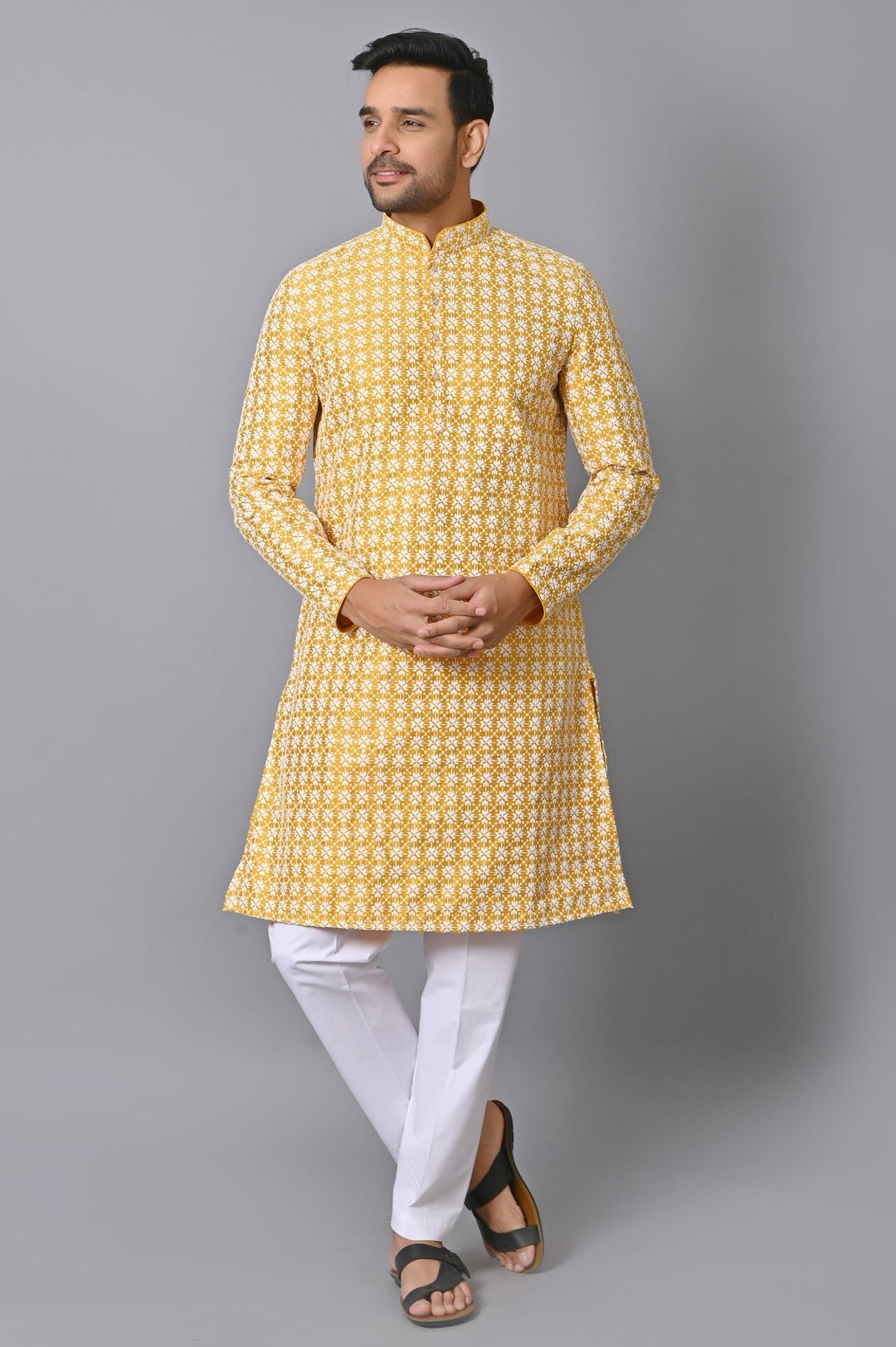 Chikan Mustard Kurta Set | Cotton Blend Full Sleeve Stand Collar Fusion Wear