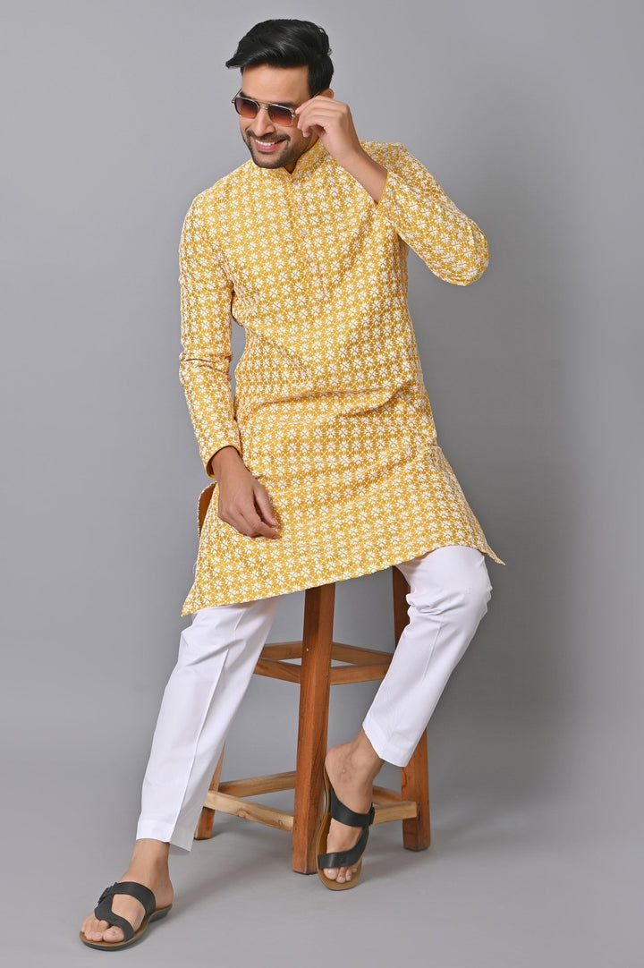 Chikan Mustard Kurta Set | Cotton Blend Full Sleeve Stand Collar Fusion Wear