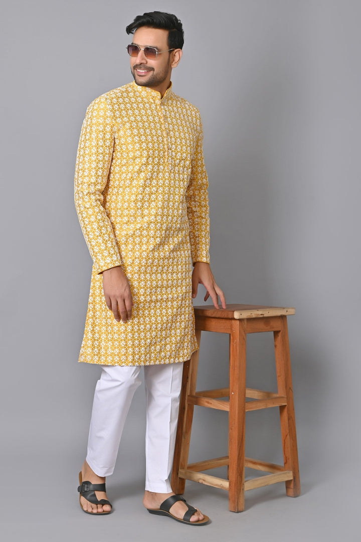 Chikan Mustard Kurta Set | Cotton Blend Full Sleeve Stand Collar Fusion Wear