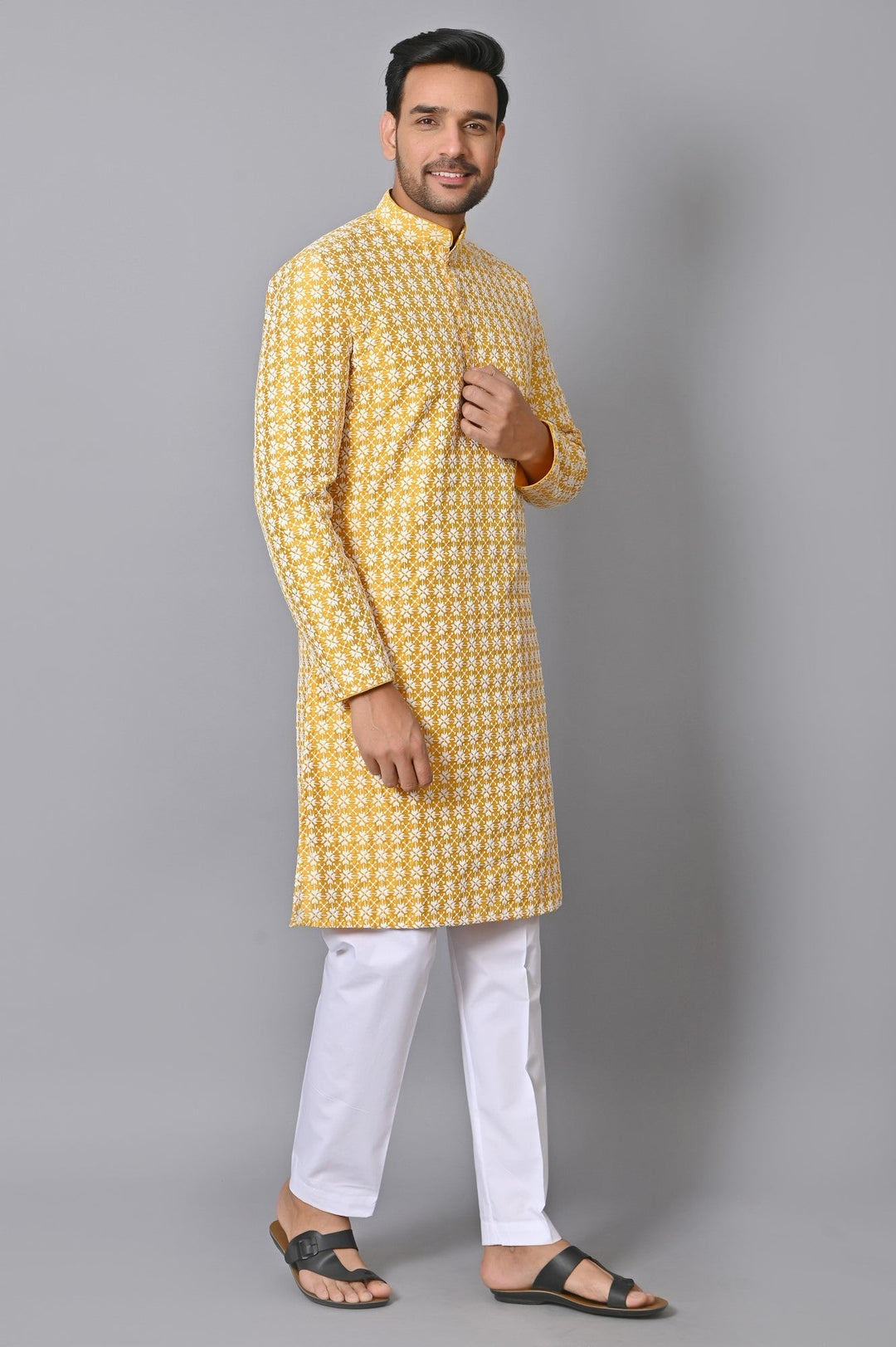 Chikan Mustard Kurta Set | Cotton Blend Full Sleeve Stand Collar Fusion Wear