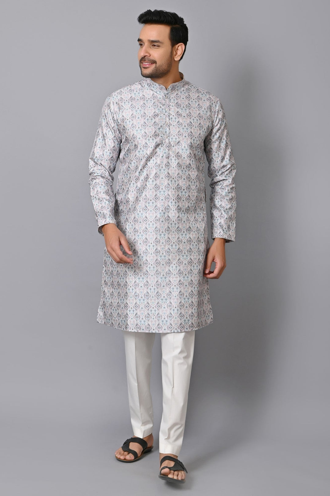 Ethnic Motifs Grey Kurta Set | Printed Silk Blend Stand Collar Kurta