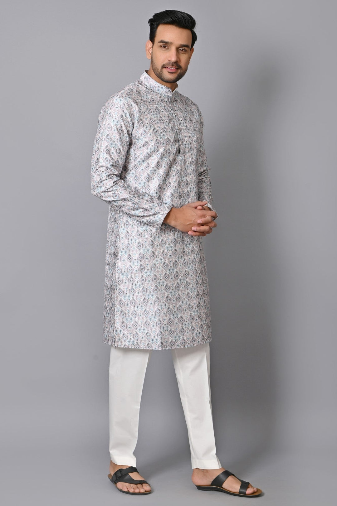 Ethnic Motifs Grey Kurta Set | Printed Silk Blend Stand Collar Kurta