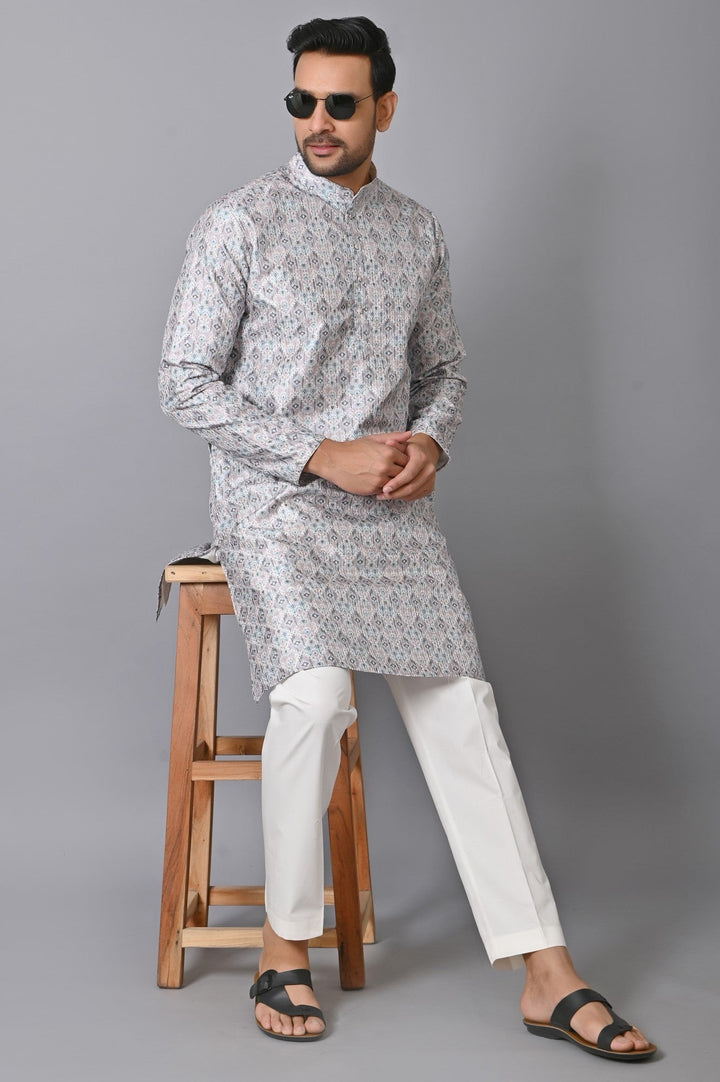 Ethnic Motifs Grey Kurta Set | Printed Silk Blend Stand Collar Kurta