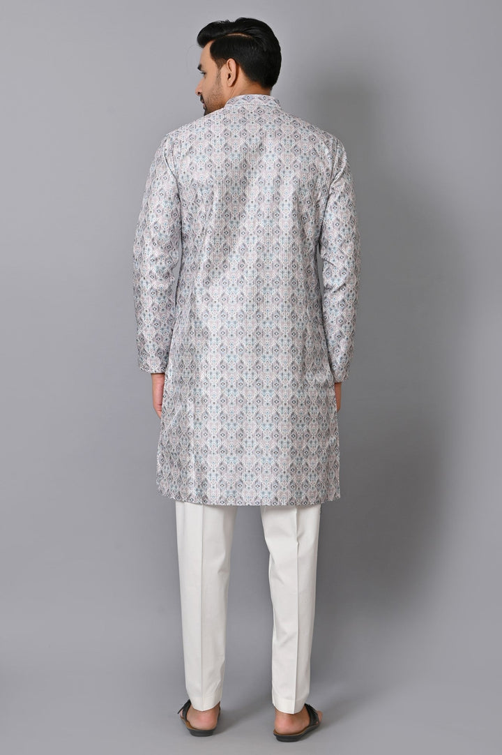 Ethnic Motifs Grey Kurta Set | Printed Silk Blend Stand Collar Kurta