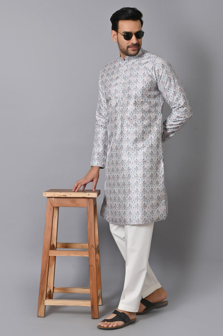 Ethnic Motifs Grey Kurta Set | Printed Silk Blend Stand Collar Kurta