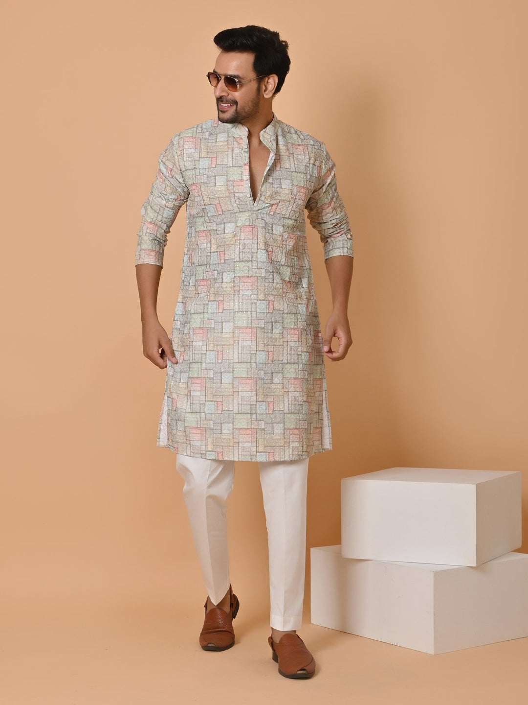 Checked Multi Kurta Set | Festive Cotton Blend Full Sleeve Kurta