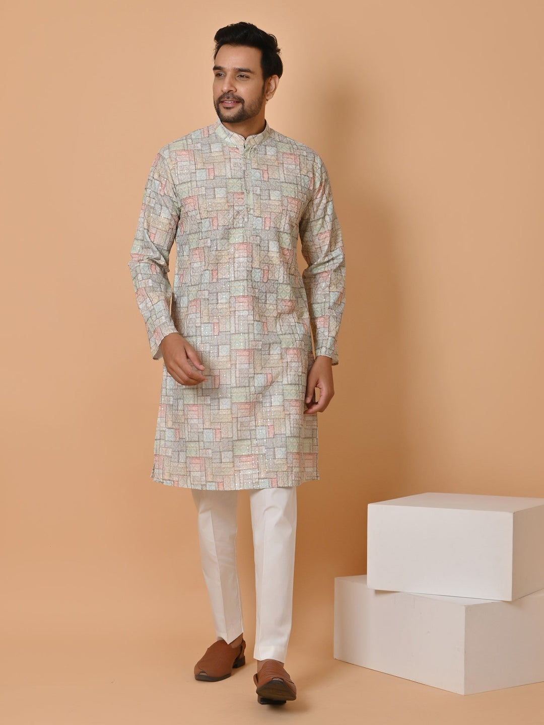 Checked Multi Kurta Set | Festive Cotton Blend Full Sleeve Kurta