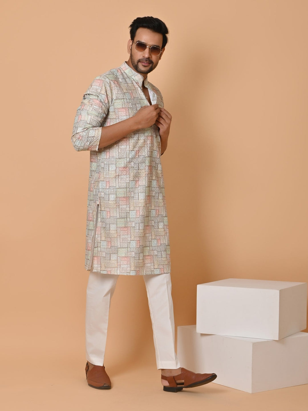 Checked Multi Kurta Set | Festive Cotton Blend Full Sleeve Kurta